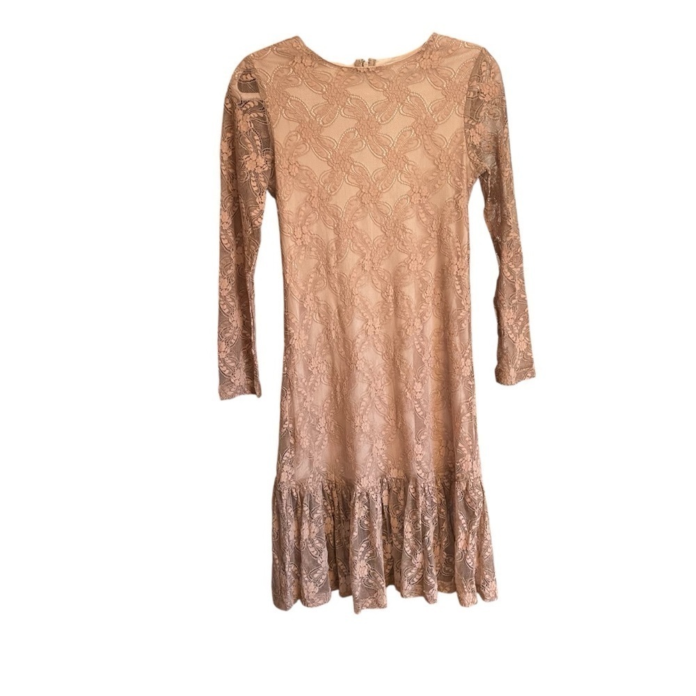 Amaryllis Stylish Tan Lace Dress with Ruffle Hem-Lined-Size XS-